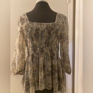 Smocked sheer flower print Free People top.